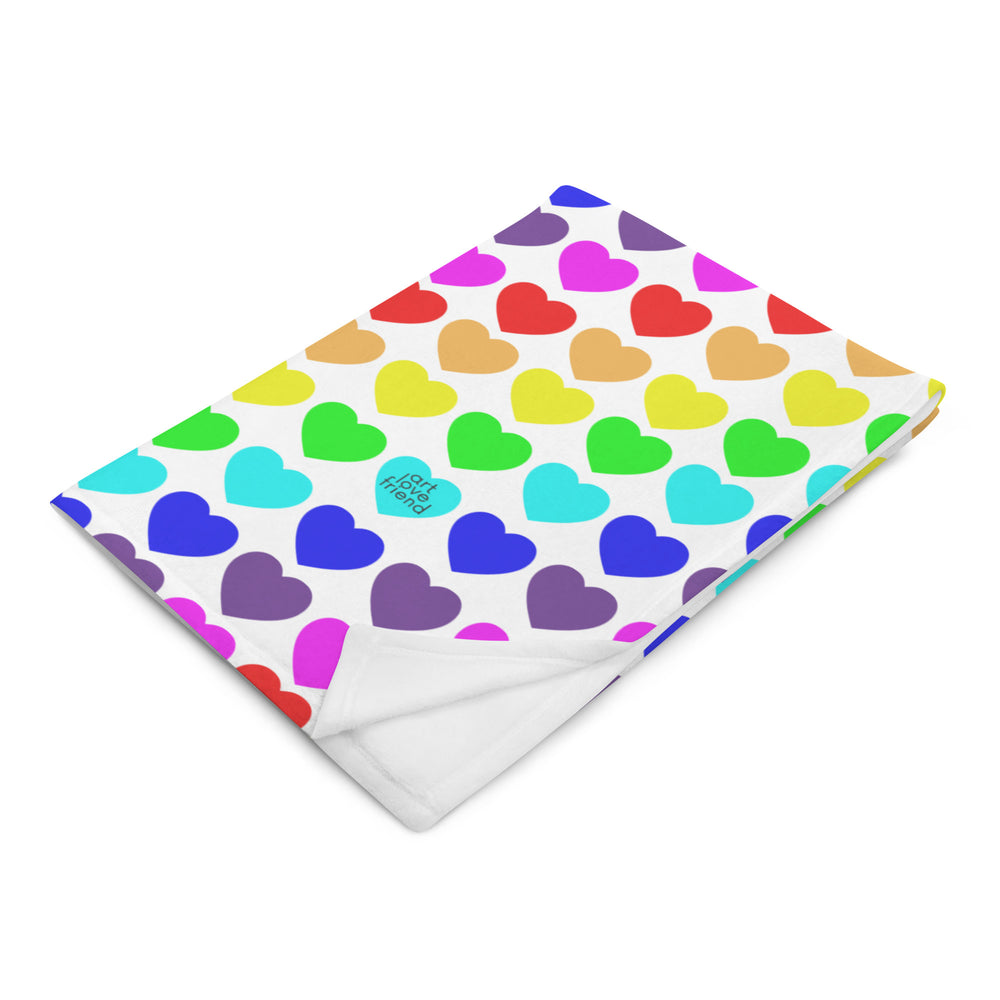 Rainbow hearts throw blanket by Art Love Friend folded image.